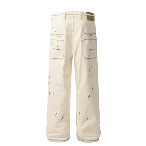 Jeans Pants Trousers Denim Retro Trendy Street Spray Paint Dot Personalized Casual Commuter Straight Leg for Men4