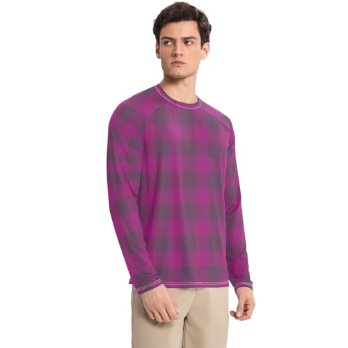 Violet Buffalo Plaid UPF 50+ Long Sleeve Sun Shirt Elastic Round Neck Mens Sun Shirts Protection Long Sleeve Summer3