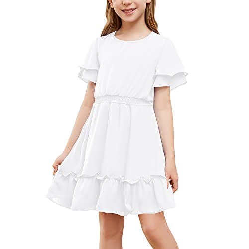 Jeskids Girls Flutter Short Sleeve Scoop Neck Smocked Elastic Waist Tiered Ruffle Casual Summer Midi Dress White 6-7 Years #TOP13