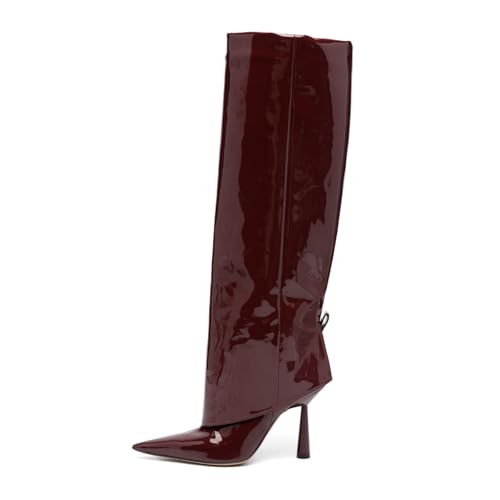 Image of Goolita Fold Over Boots For Women, Pointed Toe Stiletto Heel Knee High Boots Fashion Comfortable Slip On Tall Boots