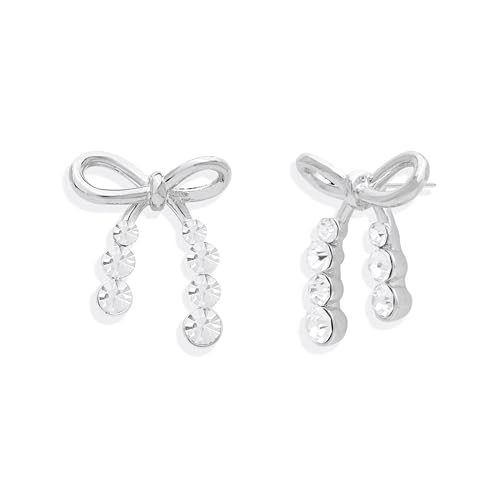 BXDA Silver Bow Stud Earrings for Women, Dainty Cute Cubic Zirconia Rhinestone Ribbon Bowknot Earings Prom Wedding Accessories Fashion Jewelry Gift