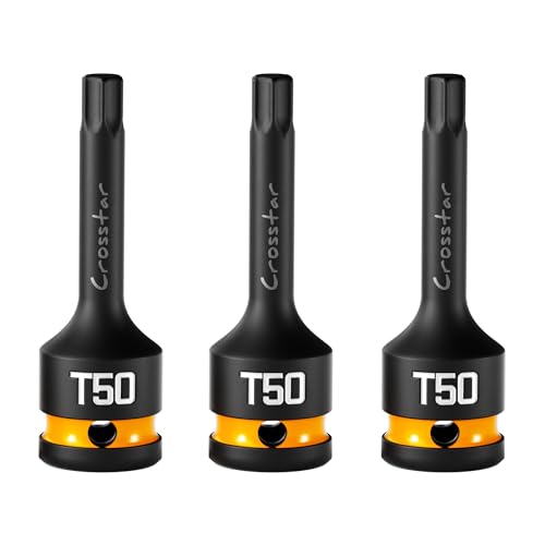 Image of Crosstar 3pc T50 Impact Torx Bit Socket Set, 1 /2 inch Drive Cr-Mo Steel, Long High Impact Star Sockets for Automotive & Heavy-Duty Use, Professional Mechanic Tools with Transparent Case