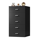WLIVE Tall Dresser for Bedroom, Wood Chest of Drawers with Mental Handles, Black Bedroom Dresser with 5 Drawers, Modern Minimalist Closet Store Organizer for Living Room, Hallway