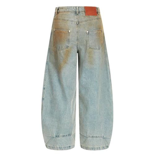 Men's Retro Leopard Print Jeans, Washed Distressed Denim, Wide Leg, Curved Blade Pants3