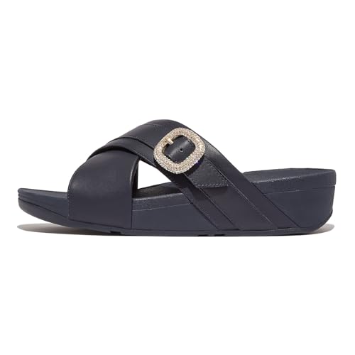Image of FitFlop Women's Lulu Crystal-Buckle Leather Cross Slide Sandal