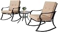 Oakmont Outdoor Furniture 3 Piece Conversation Bistro Set Rocking Chairs and Glass Top Table, Thick Cushions, Black Steel (Brown)
