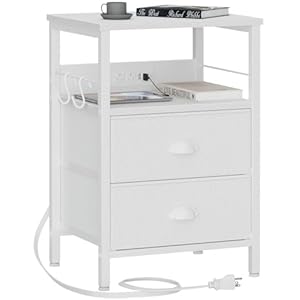 Furologee End Table with Charging Station, Nightstand with Fabric Drawers, Side Tables with USB Ports & Outlets, Night Stand with Storage Shelf & Hooks, for Living Room/Bedroom, White
