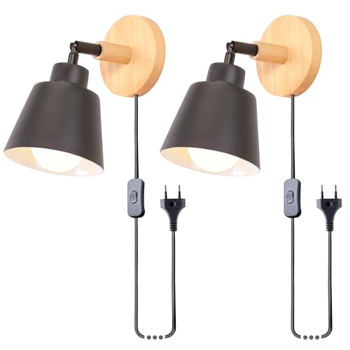 iDEGU 2 Pack Appliques Murales Rétro Vintage E27 Luminaire Industriel en Bois et Métal Réglable Lampe Murale Interieur avec Prise et Interrupteur Applique...