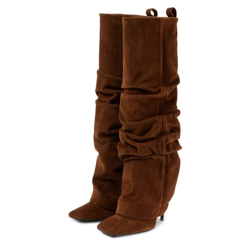 Goolita Fold Over Boots For Women, Square Toe Stiletto Heel Slouchy Knee High Boots Leather Comfortable Slip On Tall Boots