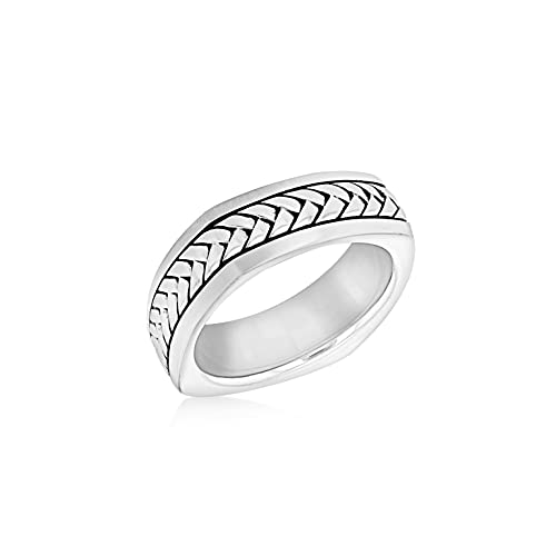 Bague carrée à chevrons d'exception en argent massif rhodié