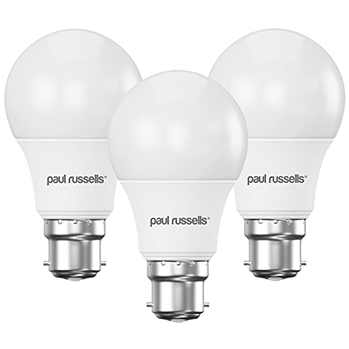 paul russells LED GLS Light Bayonet Cap BC, 60w Equivalent, 8watt 806LM LED Bulbs, 6500K Daylight Lamp, Classic Frosted A60 Standard B22 Energy Saving Non-Dimmable Large Globe Lightbulbs, 3 Pack
