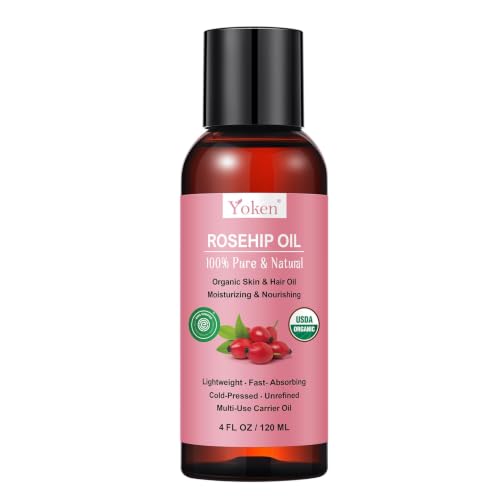 Yoken Organic Rosehip Seed Oil 4 oz, Cold Pressed Carrier Oil for Skin Hair