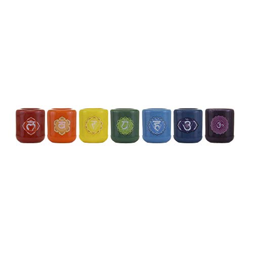 Mega Candles 7 pcs Assorted Colors Ceramic Chakra Chime Ritual Spiritual Energy Spell Candle Holders with Matching Color Candles, Great for Meditating, Rituals, Spells, Vigil, Supplies & More