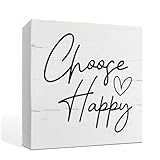 QTGTIR Choose Happy Sign, Inspirational Wood Sign, 5.7x5.7in, White, Rustic, Tabletop Decor, Indoor/Office/Home Gift