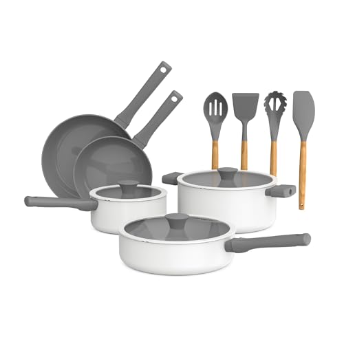 So Yummy by bella 12 Piece Cookware Set w EverGood™ Ceramic Nonstick Coating​ and Silicone & Wood Utensils, Dishwasher Safe Silicone & Glass Lids, Oven Safe & All Stovetop Compatible, Frost, So Yummy