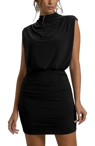 GOBLES Women's Sexy Sleeveless Mock Neck Elastic Waist Mini Cocktail Party Dress