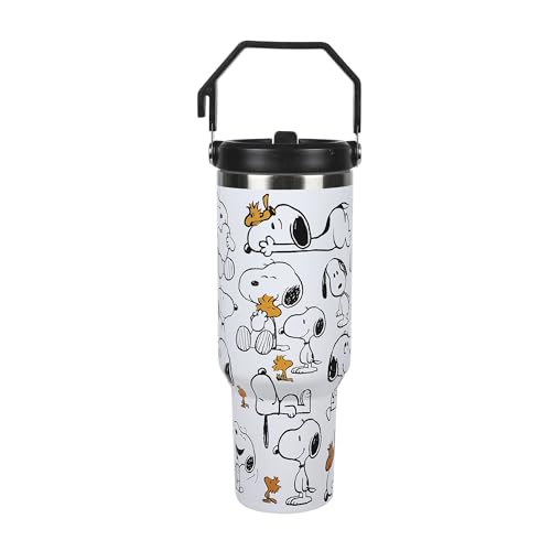 Bioworld Peanuts Snoopy & Woodstock All-Over Print 30 Oz White Stainless Steel Water Bottle