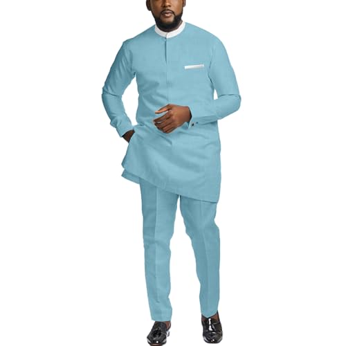 ATLYCOLOR African Suit for Men 2 Piece Set Shirt Pants Dashiki Outfits Nigerian Wedding Attire TR25 Light Blue Large