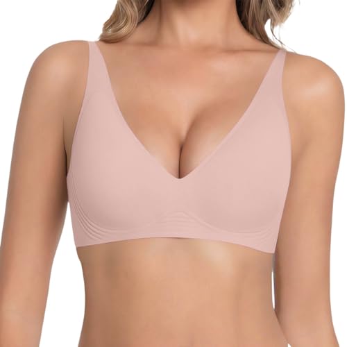 Cexiakong Sujetador push up profundo en V para mujer, sin aros, cómodo sujetador para pechos grandes, sujeción fuerte, sujetador suave sin costuras, acolchado sin costuras, liso, parte superior de
