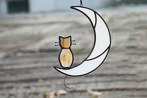 Haosum Orange Tabby Cat On Moon Stained Glass Window Hangings,Tabby Cat Decoration Suncatcher Hanging Ornament Gift For Mom,Cat Memorial Gifts For Cat Lovers, Pet Loss Sympathy Gift (Yellow) #TOP1