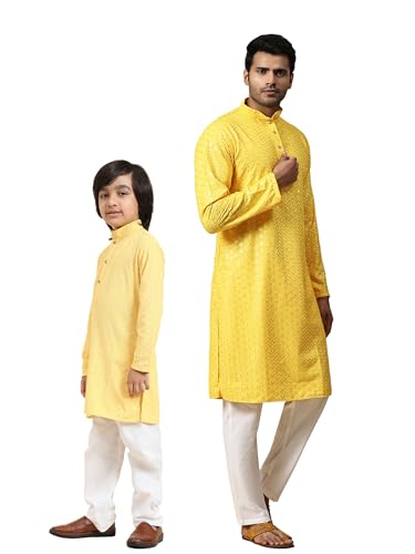 Image of Pro-Ethic Style Developer Men Silk Striped Father Son Matching Ethnic Wear Embroidery Mirror Work Kurta Pyjama Set |(Combo)B-117