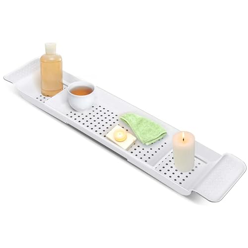 ADEPTNA Adjustable Bathtub Caddy Tray Expandable Bath Rack Tray Retractable Bathroom Shelf with Drain Holes Multipurpose Holder for Wine Glass Book Tablet Candle Bathroom Kitchen Accessories (WHITE)