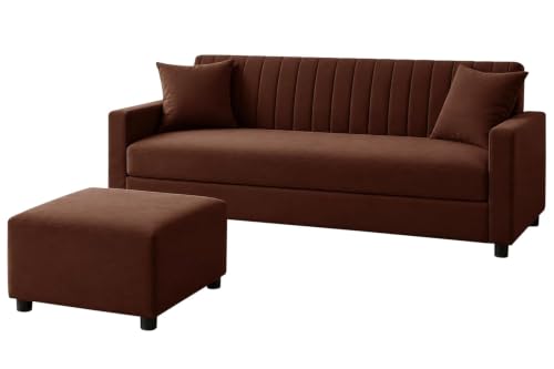Image of Urban Decor 3 Seater Wooden Sofa Set with Matching Ottoman, Modern Channel Tufted Velvet Fabric Couch for Living Room-Brown
