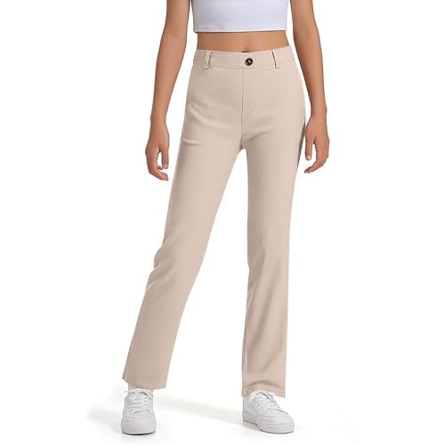 Uniform Pants for Girls Kids Dress Trousers High Stretchy Straight Leg Pull On Twill Pant with Pockets School Uniforms