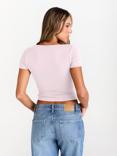 Image of Trendy Queen Womens Boat Neck Tops Short Sleeve Shirts | Compression Basic Tops,Y2K Aesthetic Slim Fit,Professional Business Casual, Polished Teacher Outfits