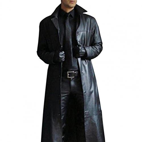 YAJIerui Gabardina de cuero de los hombres abrigo de color sólido de un solo pecho manga completa cuello vuelto Punk chaqueta larga guapo cortavientos, Negro, L