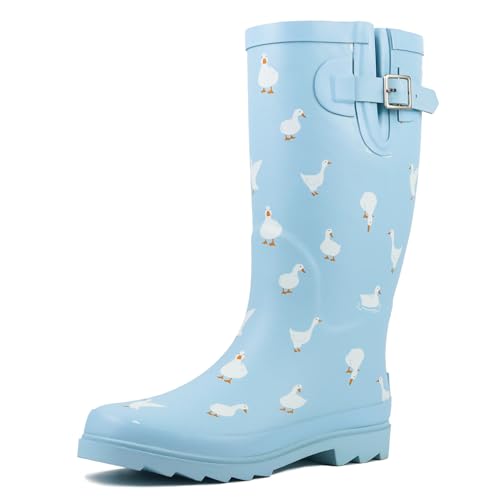 landchief Rain Boots for Women, Waterproof Ladies Tall Knee High Rubber boots,Comfort Garden Boots Anti-Slip Mid Heel Women Rain Shoes Outdoor,Blue Duck,9