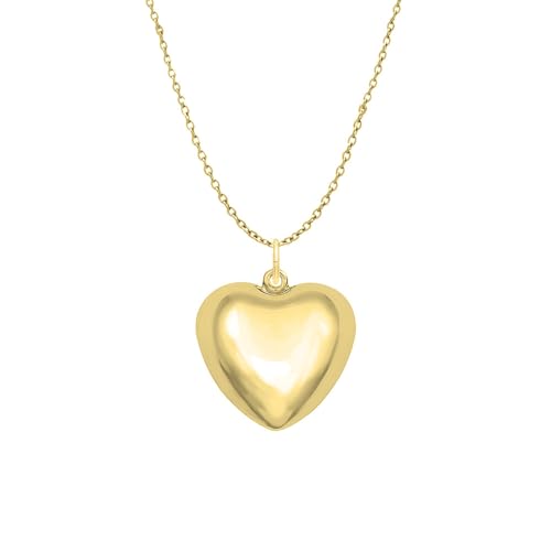 Savlano 925 Sterling Silver Puffy Hallow Heart Pendant Necklace -18K Gold Plated Love Charm Chain for Women Comes with Gift Box- Made in Italy