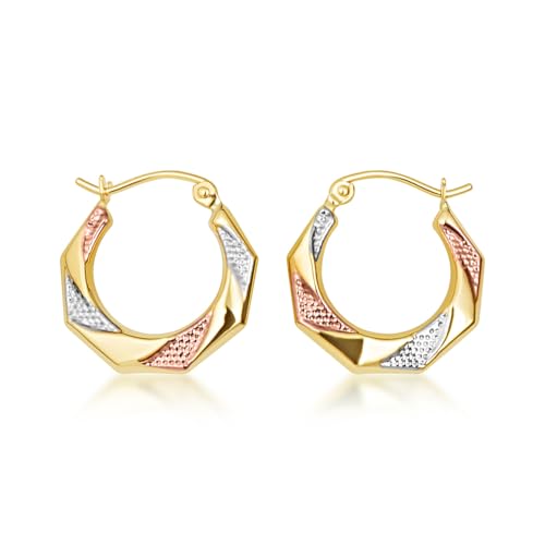 Gold Sparkle Cut Textured Reversible Hoop Earrings for Women | 10K or 14K Tri-Color Yellow, White, and Rose Gold