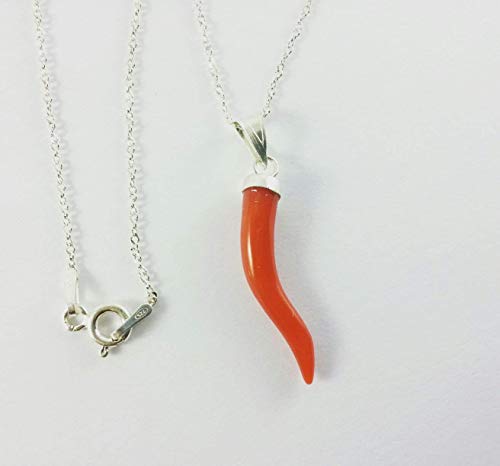Ciondolo corno di corallo rosso naturale e argento...