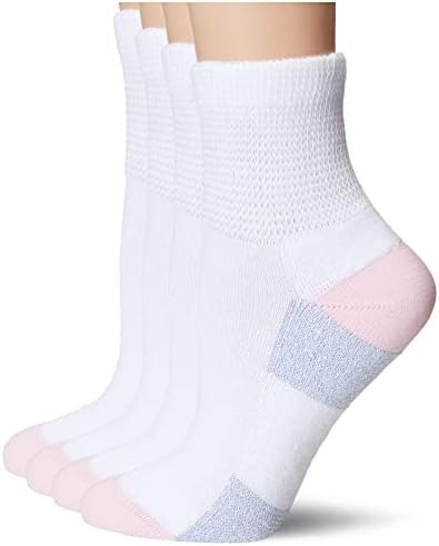 MediPeds womens Diabetic Quarter With Nanoglide, 4 Pack Casual Sock, White With Pink, Shoe Size 5-10 US