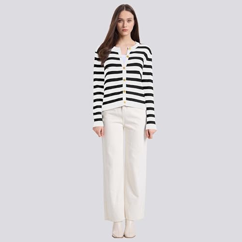 Image of Women's Striped Cardigan Sweaters Lady Jackets Open Front Button Down Cropped Knit Coat Oufits Trendy Outerwear