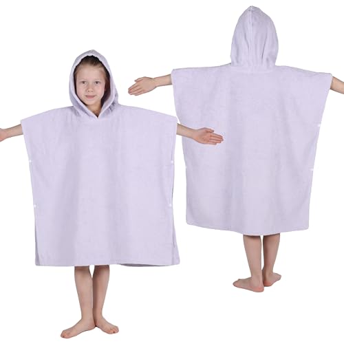 Image of Superior Kids Cotton Terry Poncho, Soft, Absorbent Bath Towel with Hood, Bathroom Accessories, Long, Plush Bathrobes for Bath, Shower, Spa, Resort, Hotel, Beach, Pool, Boy, Girl, Small /Medium, Lilac