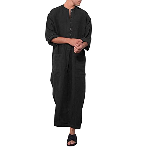 Muslim Cotton Kaftan for Men Long Sleeve Thobe Soft Solid V Neck Long Gown with Pockets Caftan Sleep Shirt