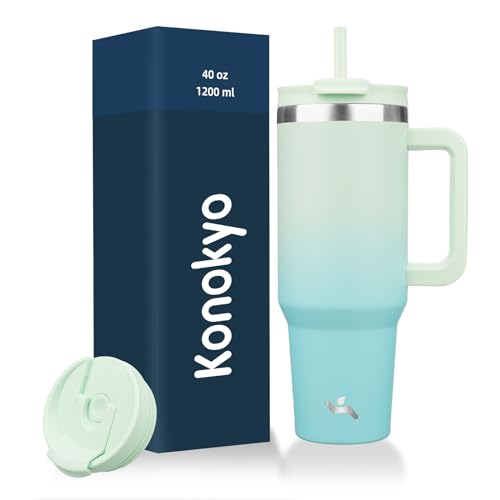Konokyo 40 oz Tumbler with Handle and 2 Straws,2 in 1 Lid Insulated Water Bottle Stainless Steel Travel Coffee Mug,Mint by Konokyo - Used condition - US$13.64