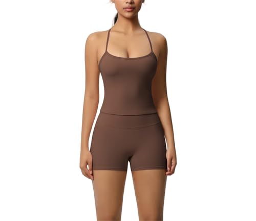 Ensemble d'entraînement 2 pièces marron pour femme en XL avec débardeur et short de yoga