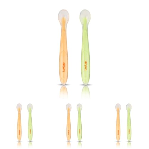 Image of LuvLap Baby Feeding Spoon Set of 2 with Ultra Supple 100% Silicone Tip,Bpa Free Material with Food Grade Silicone Tip,Self Feeding Utensil,Baby Weaning Spoon for Kids 4 Months+(Green&Pink),16 Cm