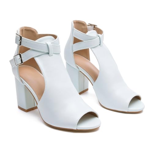 Image of Women's Peep Toe Sandals Side Cutout Chunky high Heel Adjustable Buckle | Summer booties, dressy, breathable, stacked, wide footbed, non-slip, ankle strap, all-day comfort, for parties, casual, work