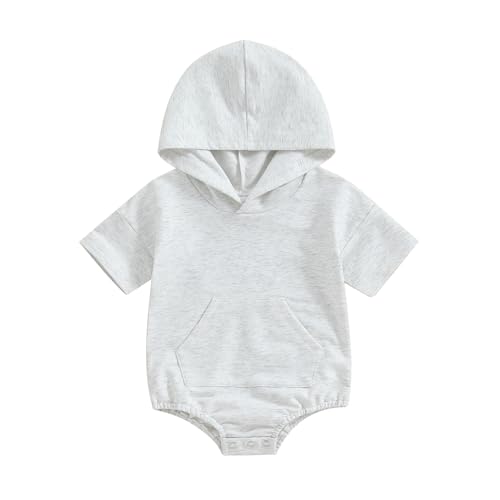 kacubwyy Newborn Baby Boys Girls Clothes Hooded Short Sleeve Bubble Bodysuit Pocket Snap Closure Summer Romper (White,3-6 Months)