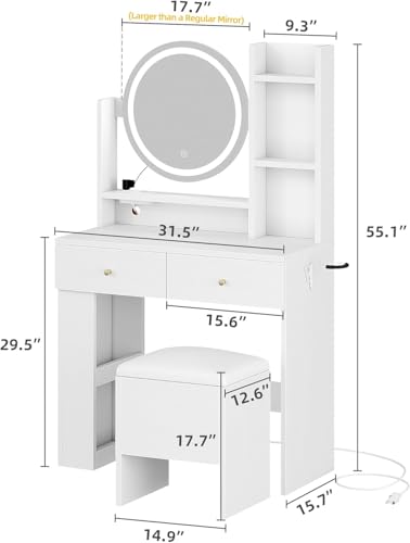 DWVO Vanity Desk with Mirror and Lights, Makeup Vanity Table Set with Power Outlets and Chair, 3 Lighting Colors, Makeup Desk with 3 Drawer and Lots Storage Shelves for Bedroom, White Dressing Table