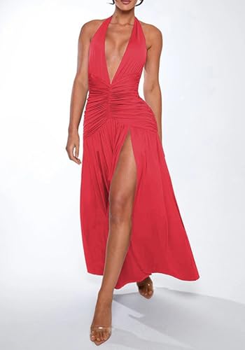 Image of Famnbro Womens Sexy Halter V Neck Dress Sleeveless Low Back Side Slit Summer Party Cocktail Club Maxi Dresses