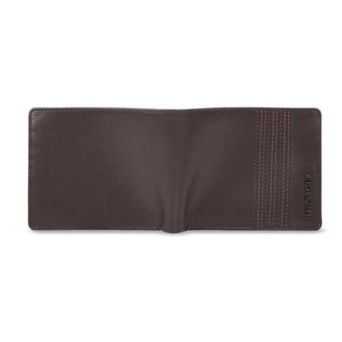 Image of Tommy Hilfiger Men's Leather Wallet Pocos | Brown Solid Passcase Bi-Fold with 12 Card Slots | Stylish Purse for Gents