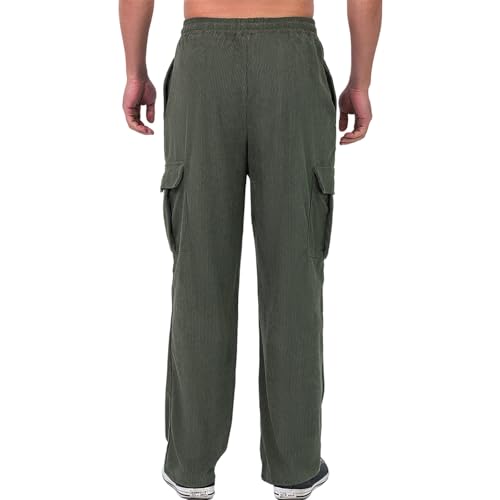 Casual Corduroy Pants Men Heavyweight Regular Stretch Mens Work Pants Cargo Elastic Wiasted Wide Leg Drawstring Classic Relaxed Fit Casual Fall Pant Army Green L4