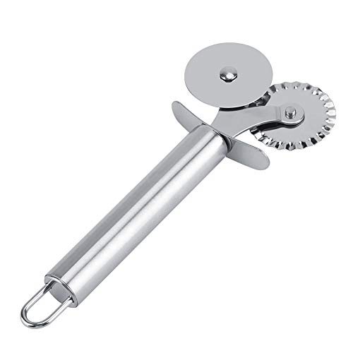 Stainless Steel Pizza Dual Wheel Slicer with Pizza Knife Wheel and Fluted Knife Wheel, Handheld Nonstick Adjustable Roller Slicer for Pizza Dough Pasta Cake (Silver)