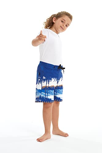 Father Son Matching Spandex Hawaiian Beach Board Shorts with Elastic Tie and Pocket in Diamond Head Navy4