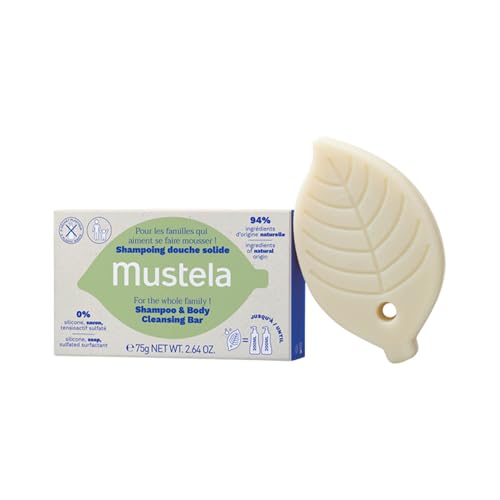 Mustela Shampoo solido 2 in 1 con olio di oliva e olio di avocado, vegan (75gr) - Sapone corpo e capelli senza profumo - Detergente delicato con 94% ingredienti di origine naturale